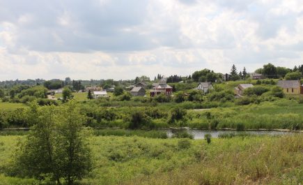 View of houses amongst the bush near a river in Minnedosa