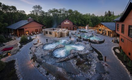 Looking down at the thermal spas at Thermea in summer.